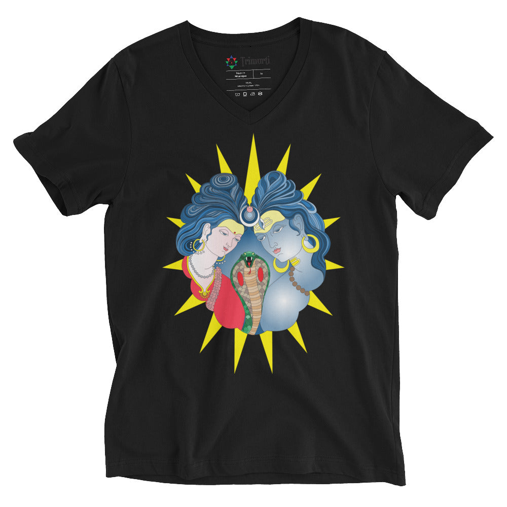 Black Shiva Shakti Unisex Short Sleeve V-Neck T-Shirt